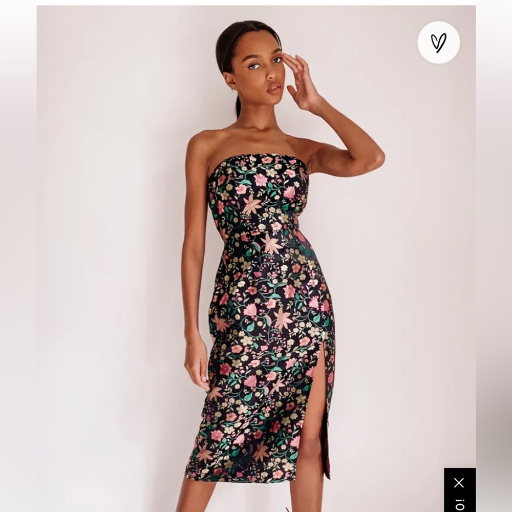 Lulus make a move black satin floral jacquard strapless midi dress